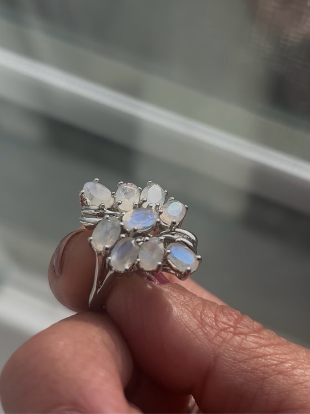 Rainbow Moonstone size 7 ring platinum bond